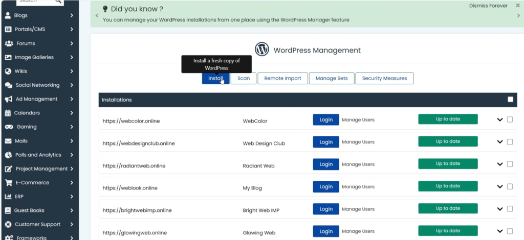 Click on Install WordPress button